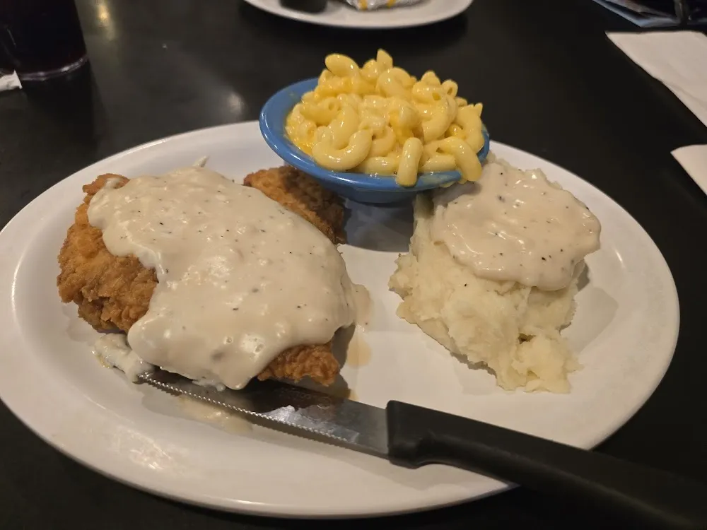 Battered Chicken Breast with Creamed Taters Mac N Cheese